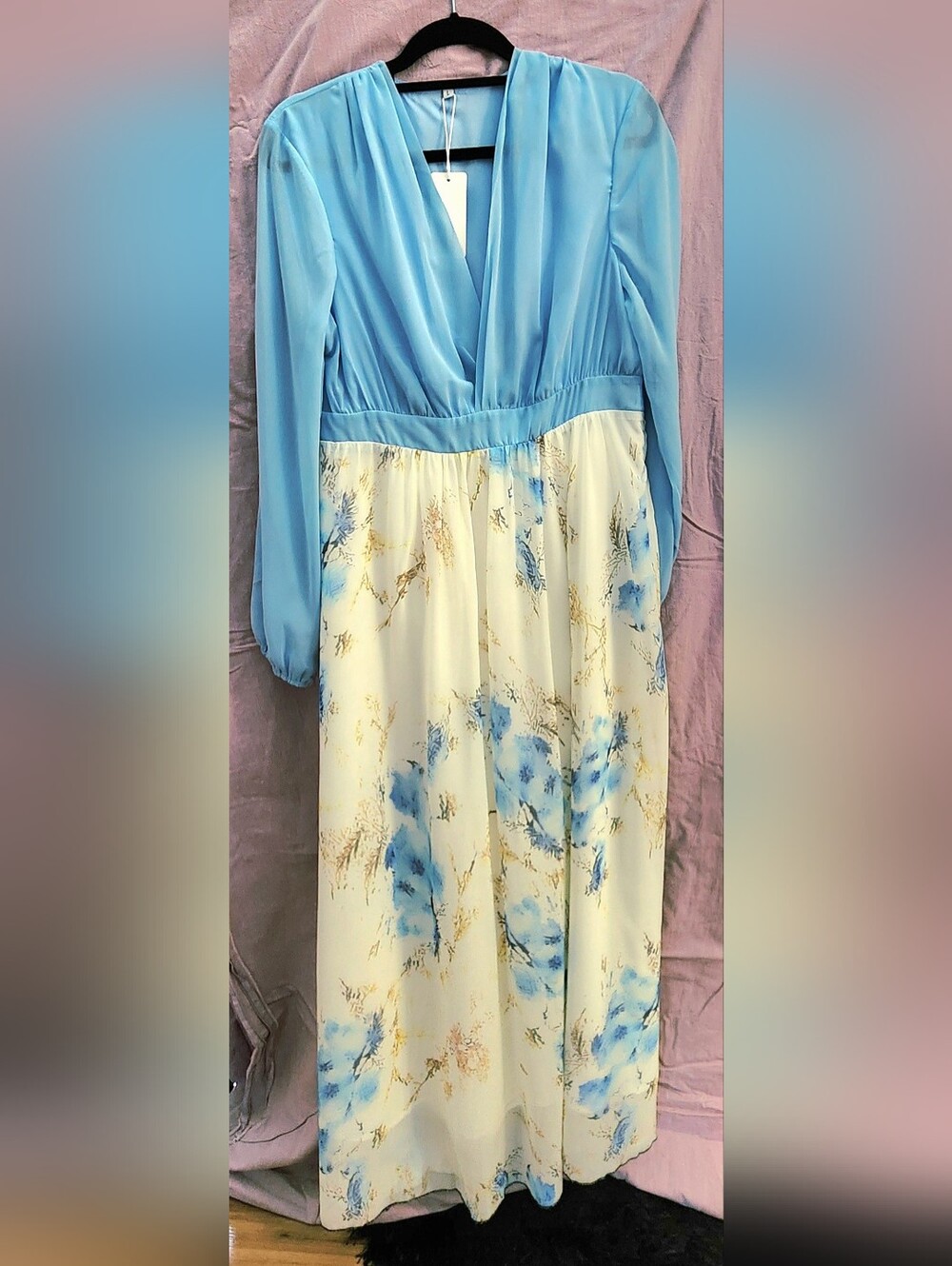 Women's Light Blue & Ivory Floral Long Dress